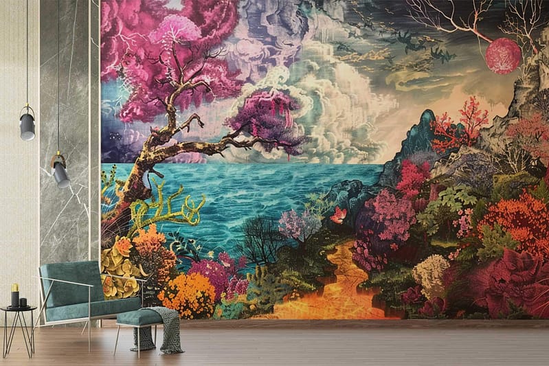 A vibrant wall mural features a fantastical seascape with colorful trees, lush plants, a winding path, turbulent ocean waves, and a dramatic sky. The scene is surreal and dreamlike, blending natural elements with vivid colors like deep blues, bright greens, fiery oranges, and radiant yellows.