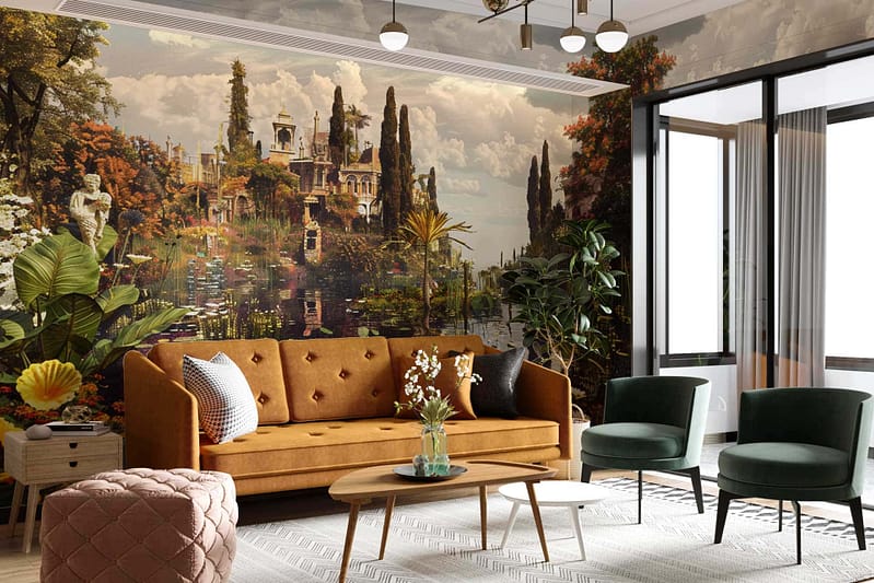 The wallpaper showcases a large mural of an idyllic, lush landscape. Dominant colors include various shades of green from the trees and foliage, contrasting with classical architecture in warm earth tones and grays. The scene is reminiscent of "The Voyage" by capturing both natural beauty and historic elements.