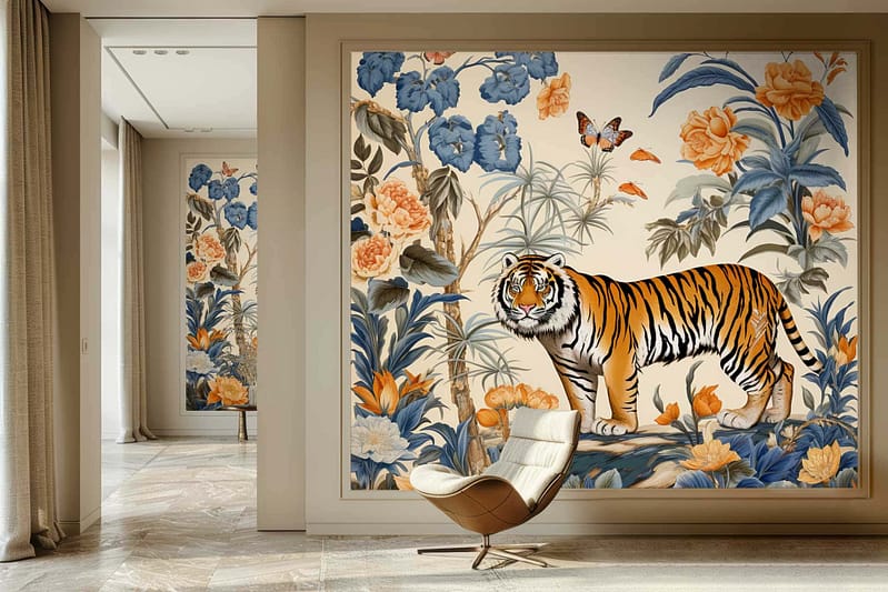 Elegant room with marble flooring, featuring a large, colorful wall mural as the focal point. The wallpaper depicts a vibrant tiger amidst lush flowers and foliage in shades of blue, orange, and green. A butterfly adds an additional touch of nature to this wildlife sanctuary tableau.