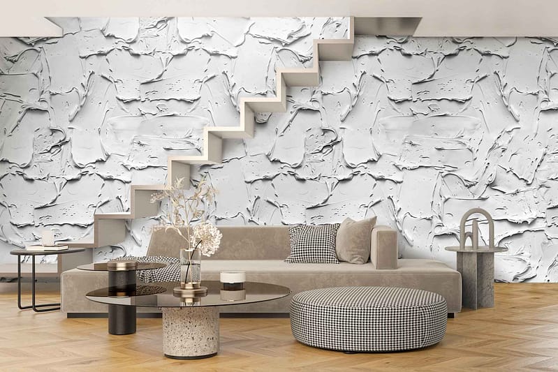 The modern living room's wallpaper showcases a unique textured pattern that resembles white paint strokes. The design combines subtle off-white hues with delicate gray accents, creating a dynamic and flowing aesthetic that adds depth and movement to the space. This eye-catching feature wall stands out as a contemporary focal point, making it an ideal match for the room's elegant decor.