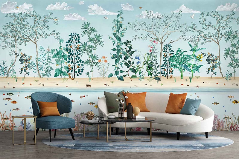 Whimsical mural with trees, plants, small animals, pale blue sky. Elements include foliage, wildlife (e.g., birds, squirrels), and serene nature scenes. Main colors: blue (sky), green (trees/plants), various earth tones for animals.