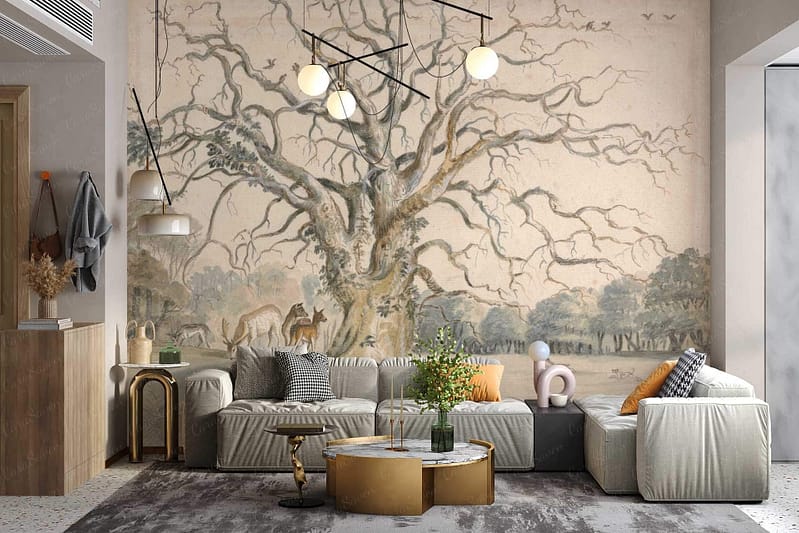 The wallpaper showcases a large mural featuring a tree and deer. The design integrates earthy tones with shades of green for the foliage, browns for the tree trunk and branches, and neutral hues for the deer. This natural-themed mural provides an artistic focal point with its warm, nature-inspired colors and intricate details.
