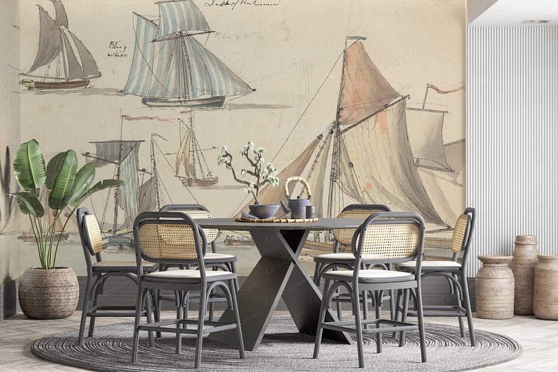 The wallpaper is a vintage Bon Voyage mural featuring sailboats, incorporating soft blues, muted whites, and gentle grays. The scene captures a nautical theme with detailed ship illustrations and subtle waves.