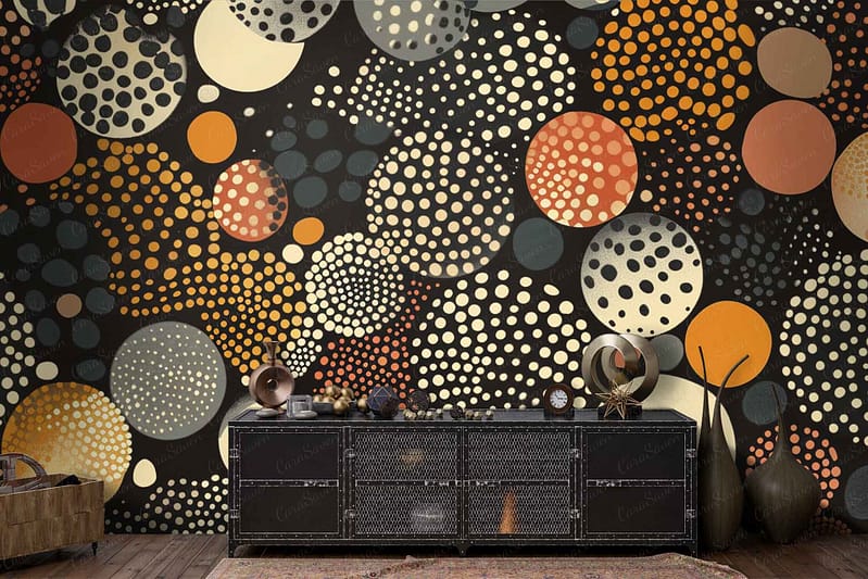 The living room features a striking black wall decorated with overlapping circles in various sizes, all in earthy tones. The circles encompass hues of orange, beige, and gray, creating a dynamic yet harmonious pattern. This stylish wallpaper serves as a bold backdrop while adding warmth and texture through its layered design.