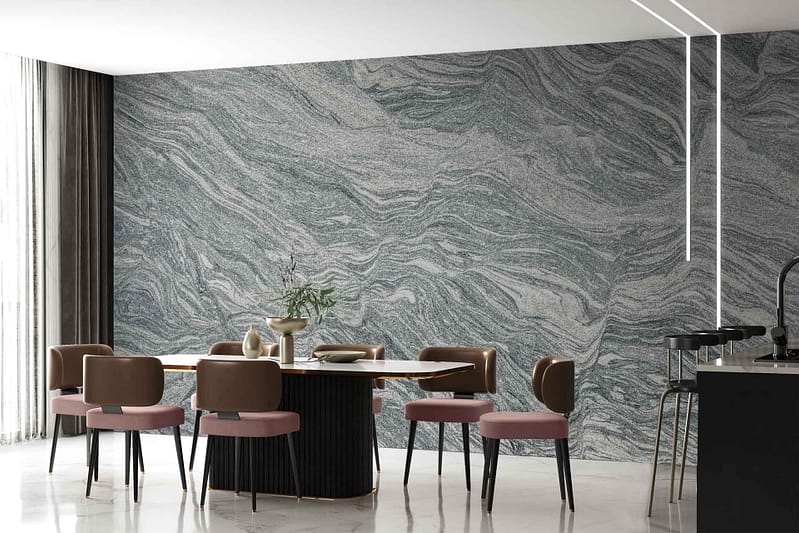 The wallpaper in the Modern dining area (Mark I) features a large marble wall showcasing intricate patterns. The design combines shades of white, grey, and subtle gold veins, creating an elegant and sophisticated backdrop. The marble pattern is detailed with refined textures that add depth and a touch of luxury to the dining space.