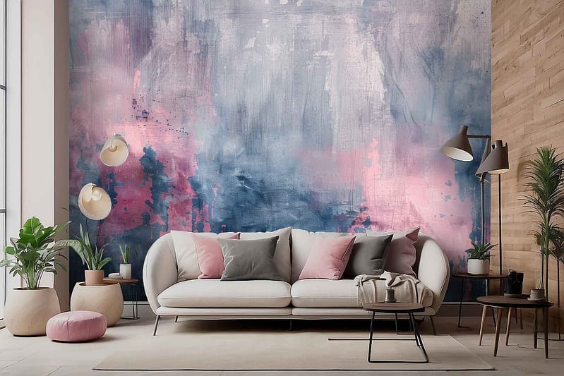 The wallpaper is a large, abstract mural in shades of blue and pink. This dynamic backdrop features fluid, expressive shapes, and vibrant color splashes that create a captivating focal point for the room.