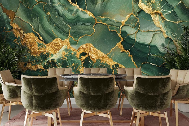 Intricate green and gold marble pattern.