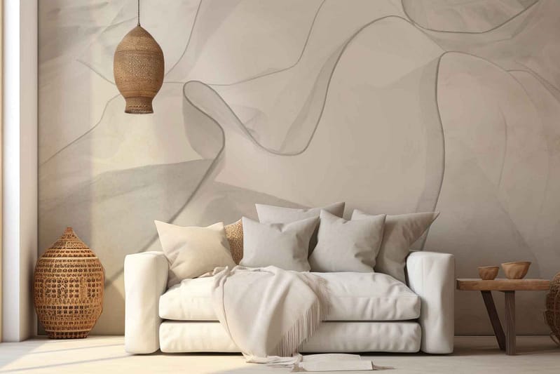 The wallpaper is an abstract mural featuring shades of beige and taupe. The design evokes serene village lakeside scenery with a harmonious blend of earthy tones.