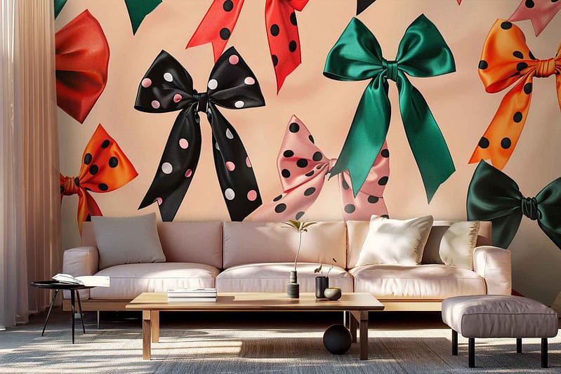 A large wall mural in the living room features colorful bow designs in vibrant polka dots and solid patterns.