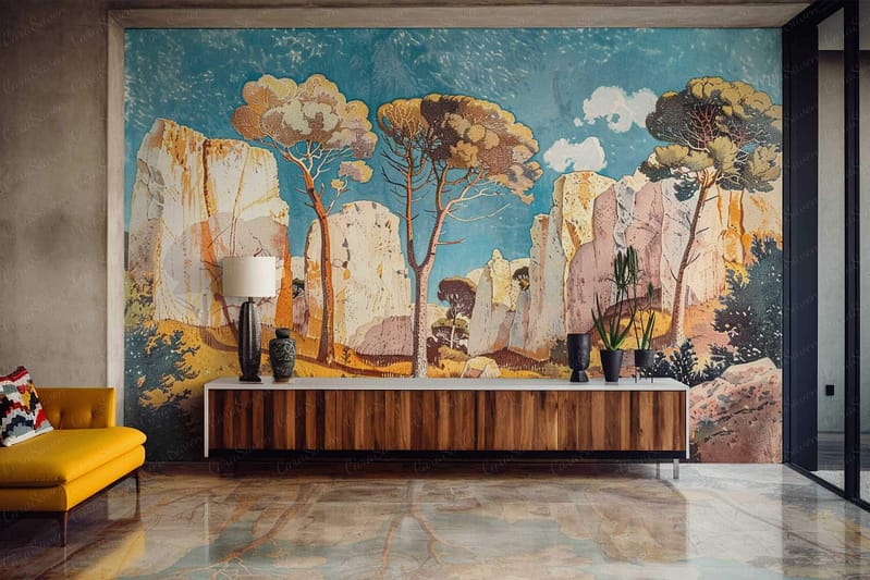 Wallpaper: "Take This Path" - vibrant mural depicting a scenic landscape with elements of trees and cliffs. The colors include rich greens, earthy browns, deep blues, and subtle highlights of sunlight in yellows and oranges.