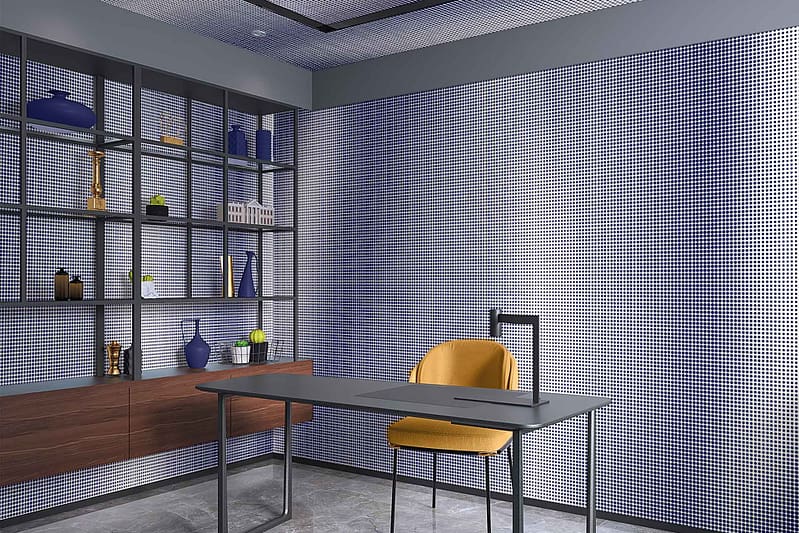 Pixelated blue and white checkered pattern.