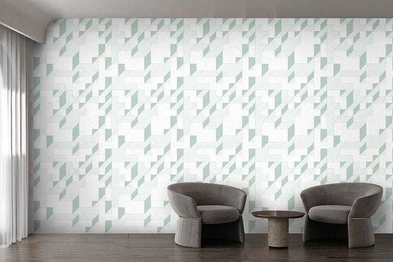 The wallpaper features a geometric pattern in light green and white.