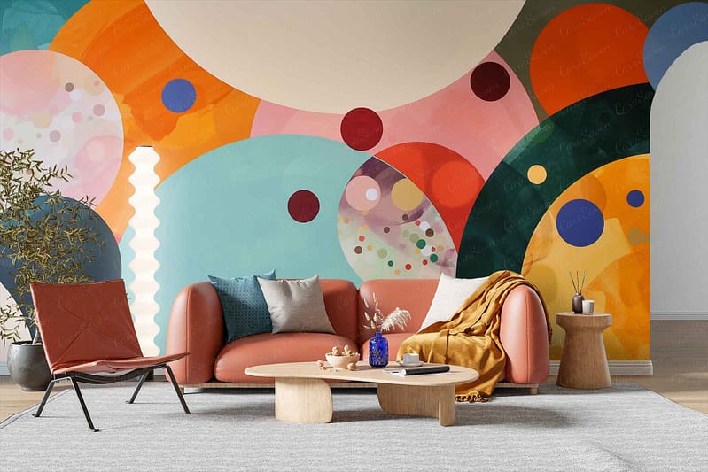 The wallpaper in the modern living room showcases a vibrant, abstract mural featuring circles and colorful patterns. Elements include swirling shapes and bold motifs with hues of blue, green, yellow, red, and pink.