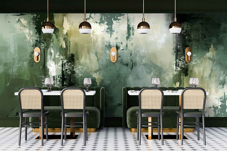 The wallpaper features an abstract design with various shades of green, from deep emerald to lighter hues, interspersed with subtle white and gold accents. The pattern includes organic shapes and flowing lines that create a sense of movement and depth. Ideal keywords: green abstract wall art, modern pattern, emerald highlights, flowing lines, white and gold accents.