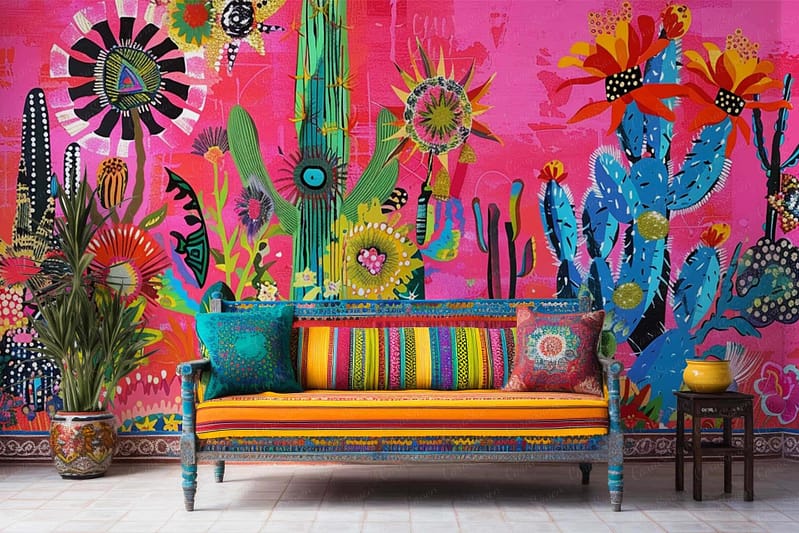 Wallpaper: Bold, vibrant mural featuring abstract cacti and flowers. Neon pink background with colorful elements including shades of green, blue, yellow, and orange.