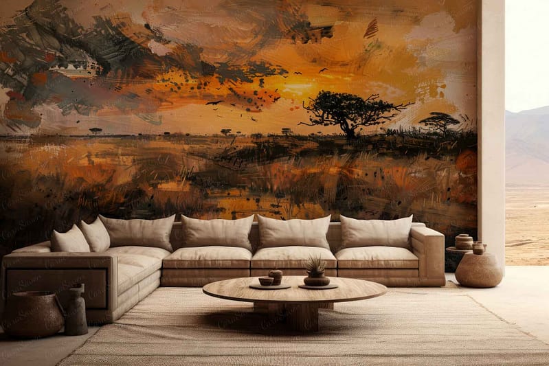 Guided mural of an African savannah at sunset, silhouetted trees, birds flying, orange sky.