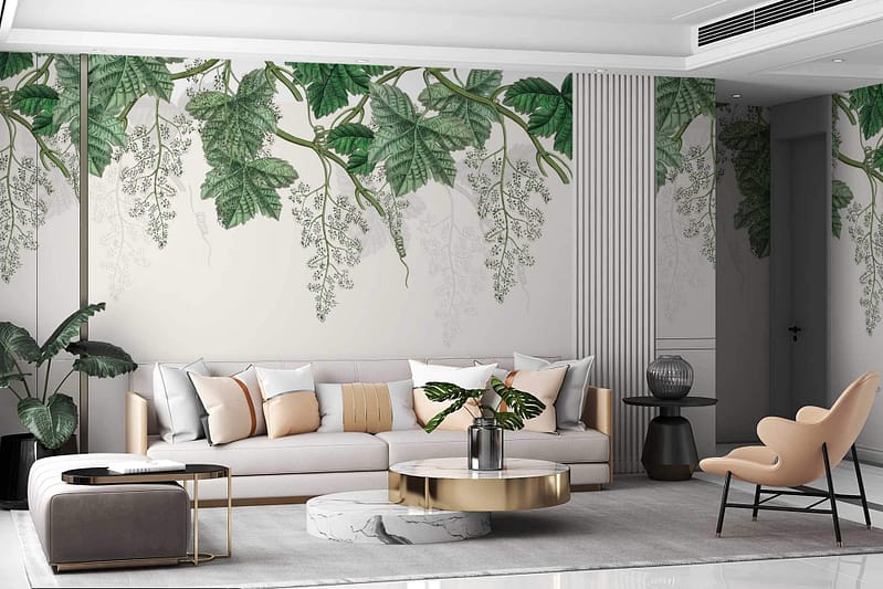 A modern living room showcases a large mural of **green leafy vines** on a **light-colored wall**.