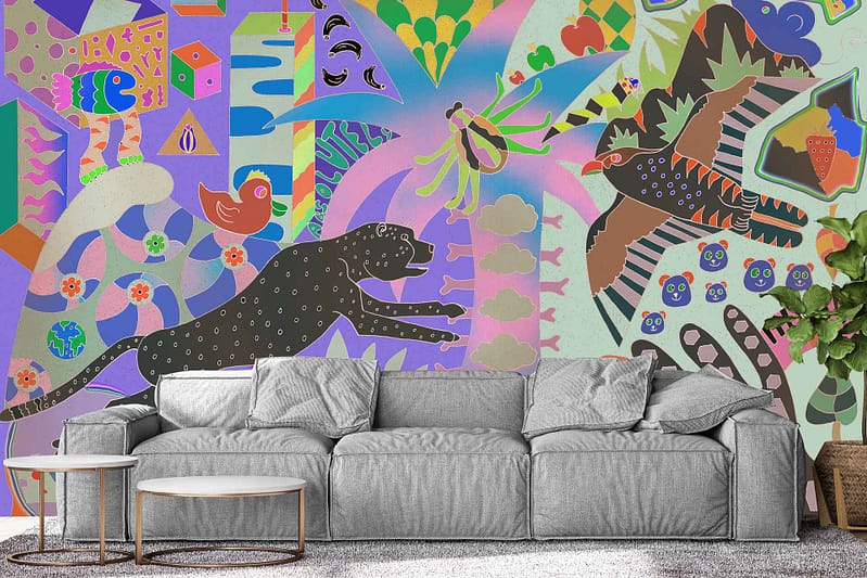 Vibrant, colorful wall mural; abstract and whimsical designs; black panther; birds; insects; geometric shapes; plants.