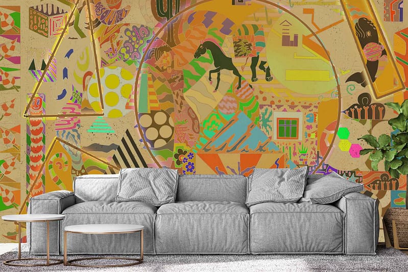 Colorful abstract mural, Dream Walk style, various patterns, shapes, central circular design.