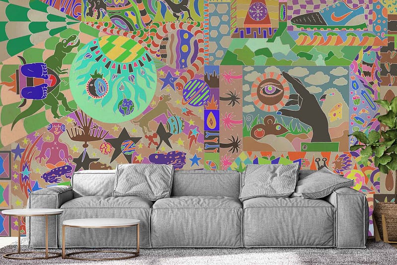 Abstract shapes, colorful patterns, whimsical designs, vibrant hues, lively atmosphere, dreamlike feel.