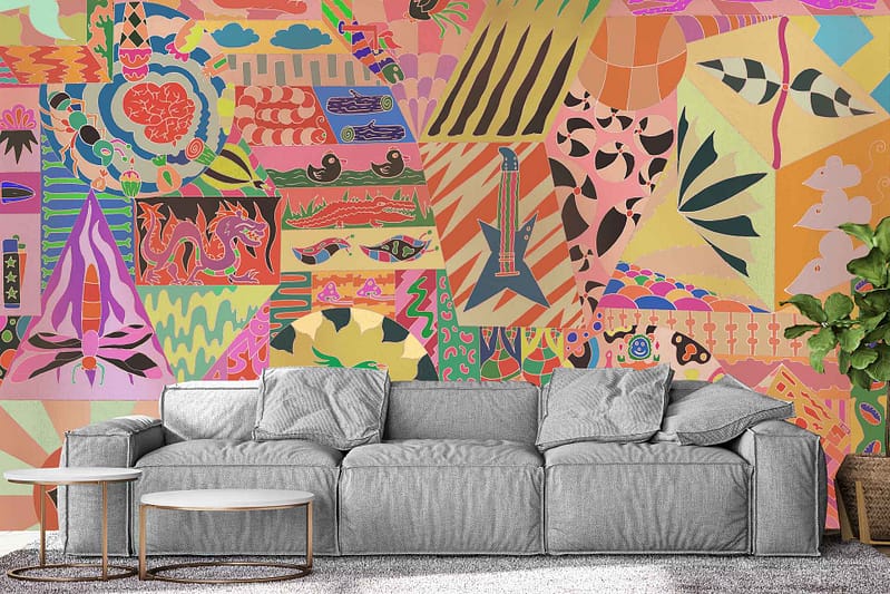 Vibrant abstract mural; colorful geometric shapes; various patterns; images of animals and plants; abstract designs.