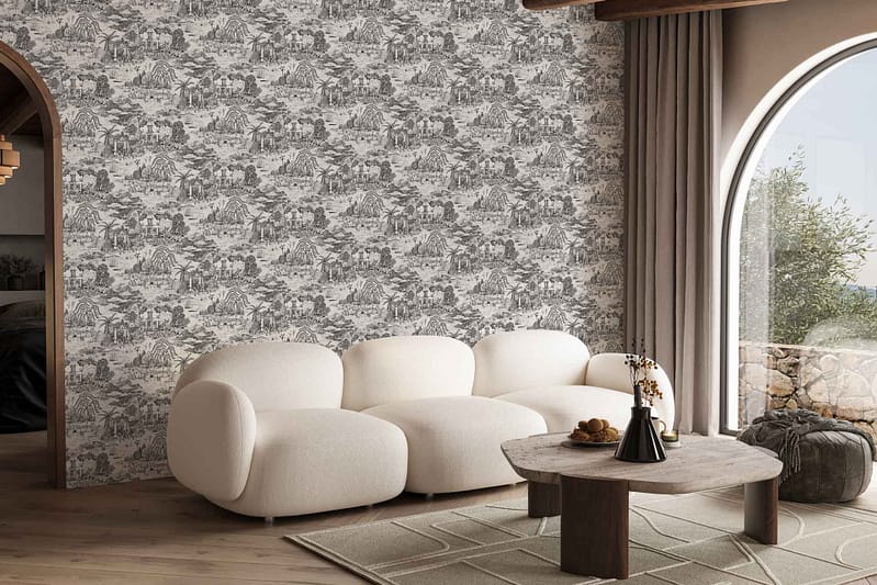 Detailed illustrated wallpaper featuring a pastoral landscape: trees, rolling hills, serene river; colors include soft greens, gentle blues, muted browns, and light grays.