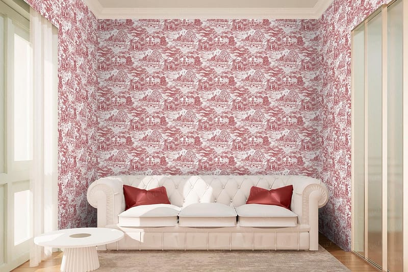Red and white toile wallpaper showcases intricate pastoral scenes. The design features delicate, detailed landscapes and figures in red on a white background. Pastoral elements include trees, fields, and people engaging in rural activities.