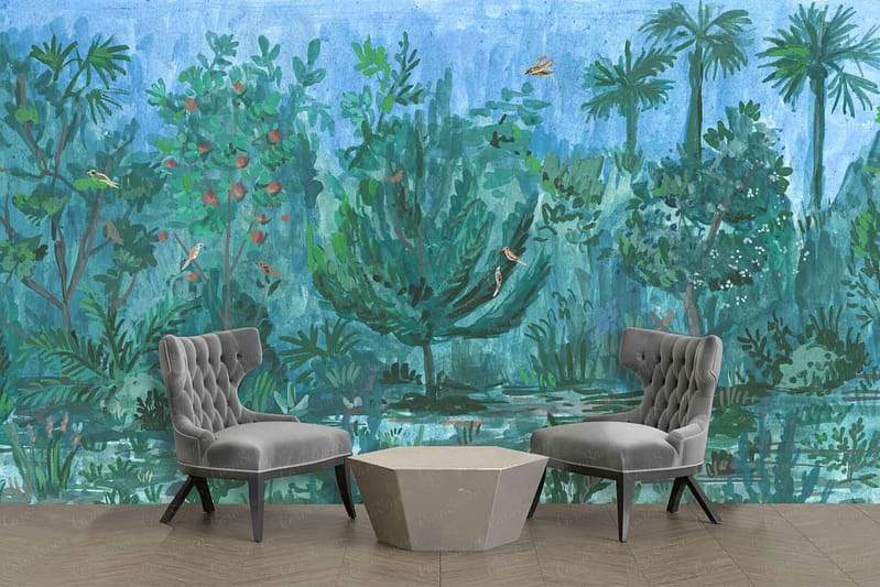 Vibrant painterly mural featuring lush greenery, trees, plants, and birds. Serene urban tropical ambiance with rich greens and lively vibrant hues.