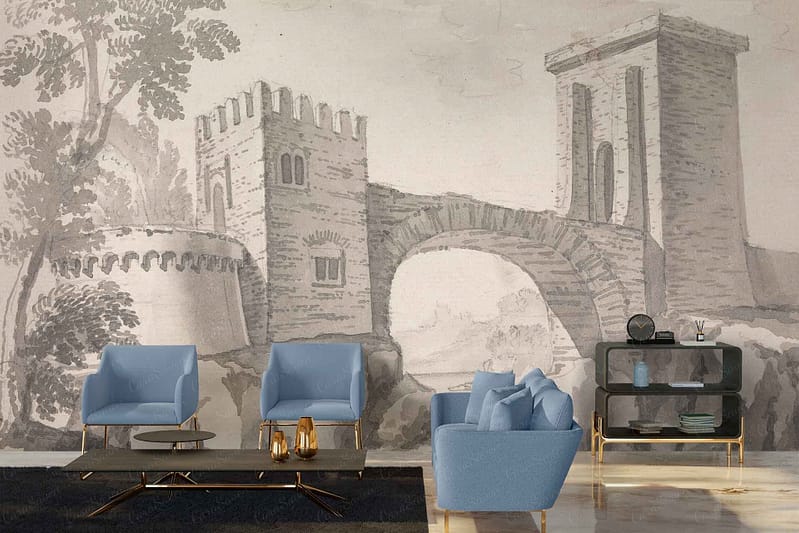 Large mural, ancient stone bridge, two towers, monochrome sketch style, surrounding nature.