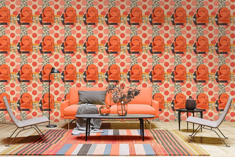 Colorful wallpaper displaying large polka dots and graphic faces. Elements include vibrant polka dots in various colors like red, blue, yellow, and green. Graphic faces with distinct features in bold hues. Bright and eye-catching patterns dominate the design, creating a lively ambiance.