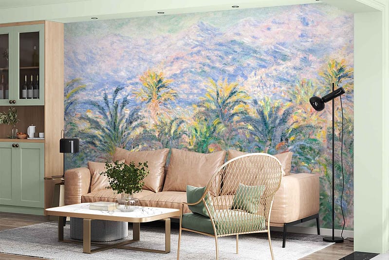 Large mural wallpaper with a colorful impressionist-style painting of palm trees and mountains. Dominant hues include lush greens, vibrant blues, soft pinks, warm oranges, and earthy browns. Intricate brush strokes create a textured look bringing depth and movement to the scene.