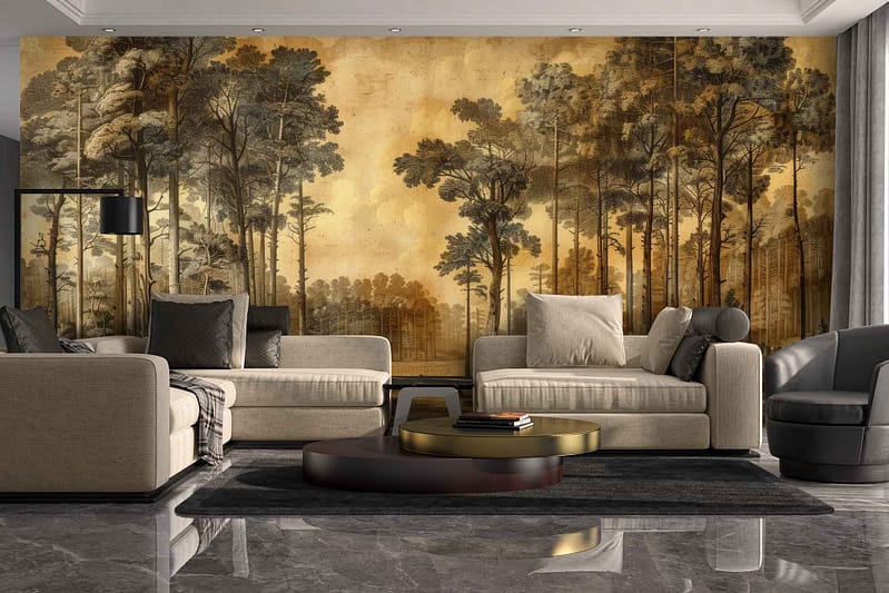 The wallpaper features a large mural of a forest with tall trees in muted golden tones. It invokes dream-like escapism, creating a serene and stylish atmosphere.