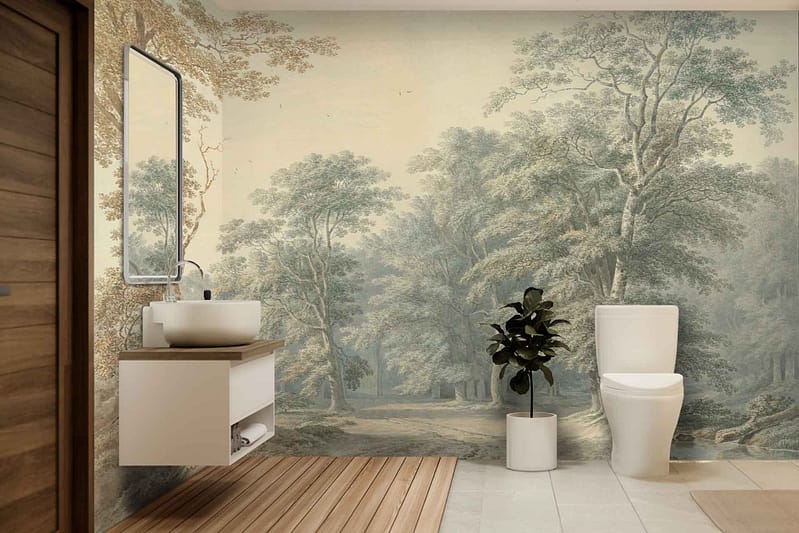 A modern bathroom features a nature-inspired mural wallpaper with a forest scene. The wallpaper showcases lush green foliage, tall trees with varying shades of green and brown, and subtle streams of sunlight filtering through the leaves. Hints of earthy browns, rich greens, and dappled light create a serene ambiance. This forest-themed mural adds depth and an organic touch to the space.
