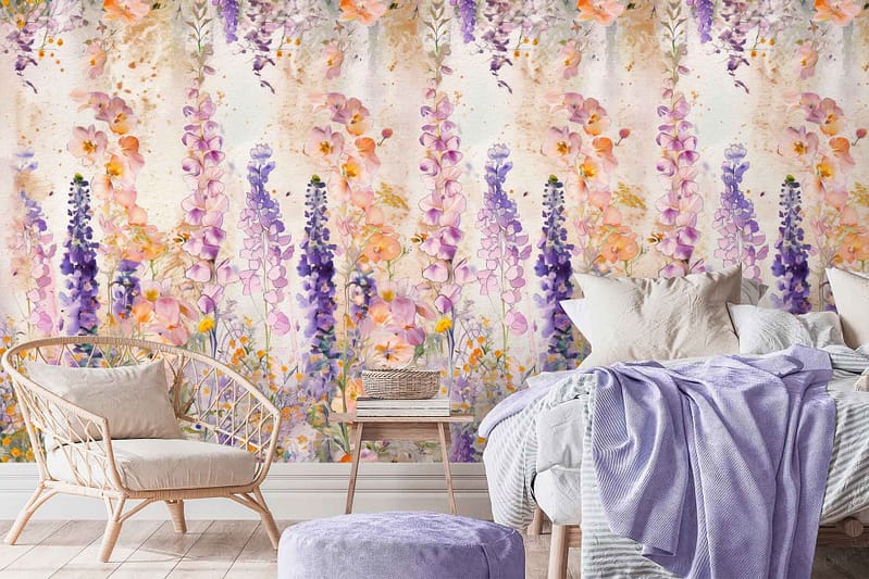 A vibrant floral wallpaper featuring shades of purple, pink, orange, and green.