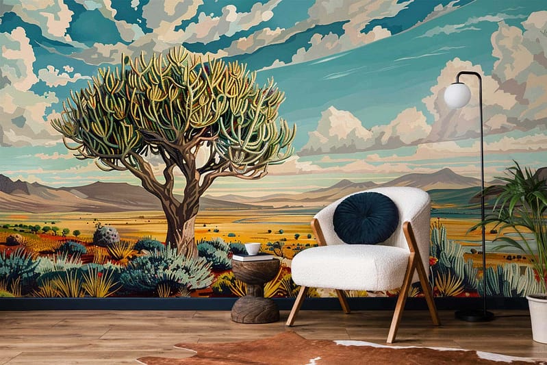 Wallpaper highlights: Colorful mural of a desert scene featuring cacti, trees, mountains, and a vivid sky. The mural includes earthy tones for the desert landscape, various shades of green for the cacti and trees, browns and oranges for the mountains, and vibrant blues along with warm hues like reds and pinks in the sky.