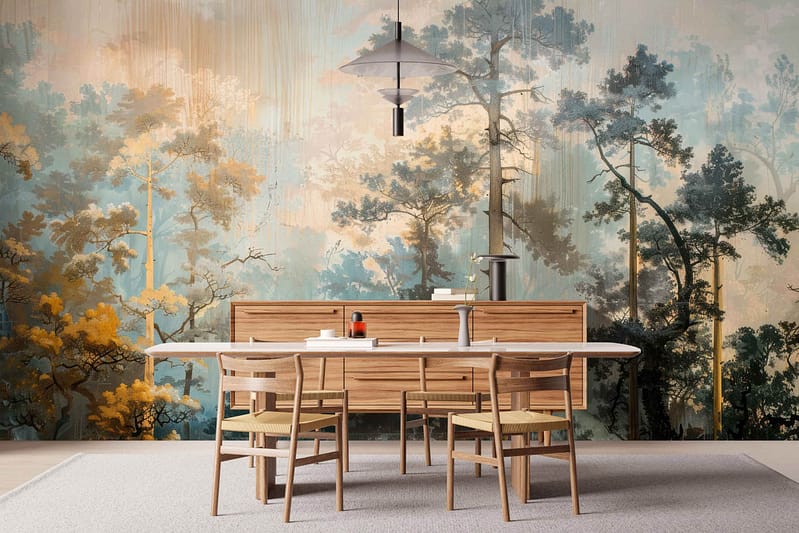 Forest-themed wallpaper featuring lush greens, earthy browns, and hints of golden sunlight. Vivid tree trunks, detailed foliage in various shades of green, and scattered wildflowers bring depth and vibrancy. The rich forest scene creates an immersive backdrop for relaxation and mindfulness.