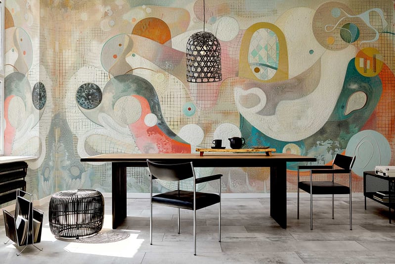 Modern dining room wallpaper with a colorful abstract mural. Features fluid shapes and patterns of intermingling colors like blues, yellows, reds, and greens. Vibrant spills and blends creating dynamic contrasts. Perfect for search terms: colorful abstract mural, fluid shapes wallpaper, multicolor spill wall design, modern art pattern wall.