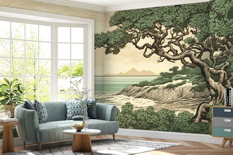 A large mural of scenic beauty, showcasing a twisted tree, cliffs, and an ocean view. Natural elements and vibrant colors dominate the wallpaper with detailed depictions of nature. Key colors include shades of green from the tree and foliage, earthy browns for the cliffs, and various blues representing the ocean.