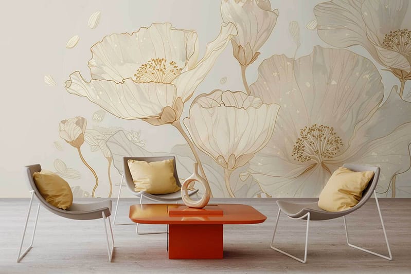 The wallpaper features an elegant floral design with large, soft-toned flowers. The elements include intricate petals and leaves, with a color palette comprising muted pinks, creamy whites, and gentle greens. The delicate patterns and harmonious colors add a sophisticated touch to the contemporary living space.