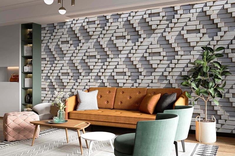 The modern living room features a geometric 3D wall design made of rectangular tiles with subtle shadow lines. The wallpaper highlights the texture and depth through its intricate pattern and shading. Key elements include geometrical rectangles, shadow accents, and a neutral color palette enhancing the sophisticated look.