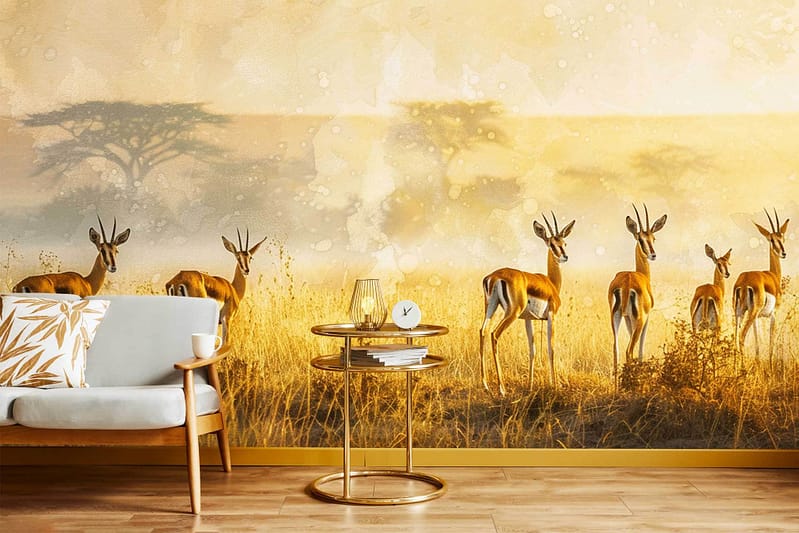The wallpaper features a mural of six antelopes in a golden savanna at sunset. It showcases tall grasses, acacia trees casting shadows, and warm sunset hues. Colors include shades of gold, amber, and deep browns.