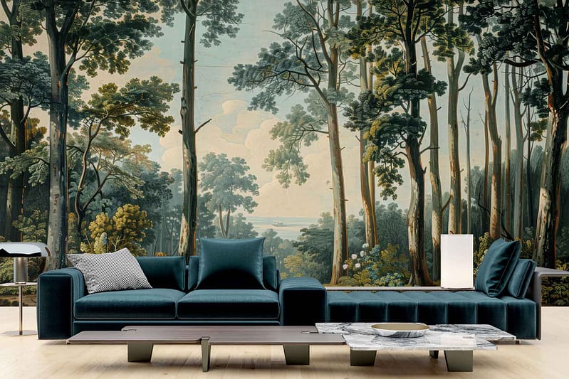 Scenic forest wallpaper with tall trees, green foliage, distant sea view, serene nature scene.