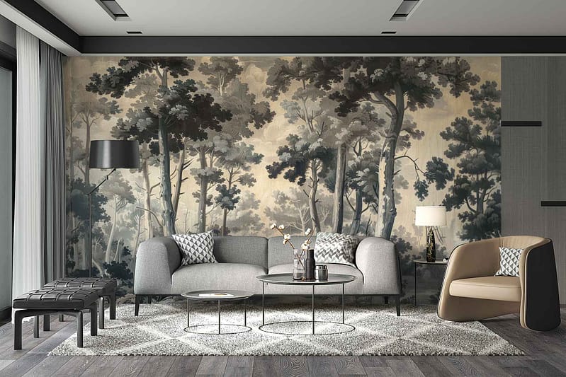 The wallpaper is a large mural of a misty forest, featuring shades of green, grey, and subtle whites to create an ethereal and serene atmosphere.