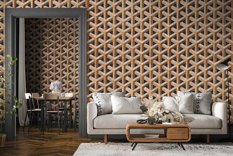 The wallpaper features a striking geometric design incorporating shapes and lines in shades of gray, white, and gold that create a sophisticated pattern. The design accentuates the Shadow Line with its precise angles and contrasting colors, making it the focal point of the room.
