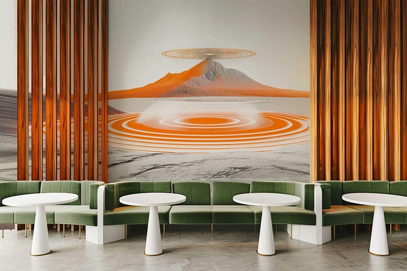 Features a backdrop resembling a romantic letter with an abstract mural of concentric, orange-and-gray landscape; includes mountain and rippling circles.