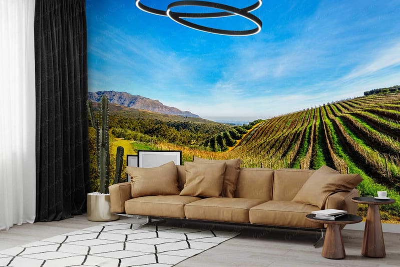 Vibrant Wineland vineyard, clear blue sky, large wall mural, bright green vines, luscious grape clusters, sunlit hills.