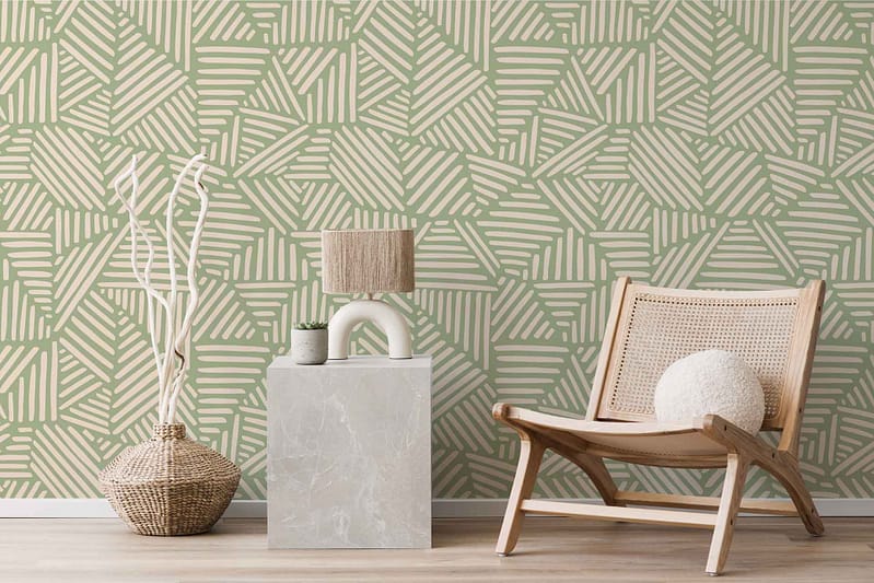 Geometric patterned green and beige wallpaper with meticulous fabrication. Green elements create bold geometric shapes, while beige accents provide soft contrast. The design is sharp, precise, and perfectly aligned, adding a modern touch to minimalist interiors.