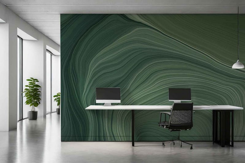 Green, marble-textured accent wall featuring deep emerald and forest green tones with veining in shades of white and darker greens. The marble pattern creates a sophisticated, organic feel ideal for modern office spaces.