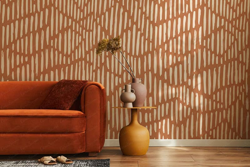 The wallpaper features an abstract vertical stripe pattern with shades of white and brown. The stripes vary in width and intensity, creating a modern, dynamic look. Key elements include alternating hues of white and different tones of brown that range from light beige to rich chocolate. The design exudes a sophisticated yet contemporary feel, perfect for adding depth and texture to a living room setting.