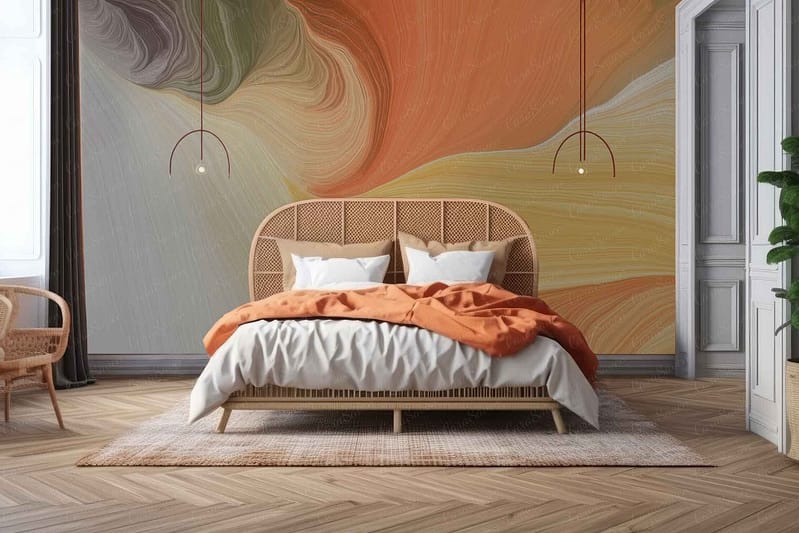 A cozy bedroom features a rattan bed with white and orange bedding, positioned against a textured, multicolored wall mural. Two pendant lights named "Fabrication" hang above the bed, their delicate design adding to the charm. A woven chair sits adjacent. A large window lets in natural light, illuminating the wooden floor.